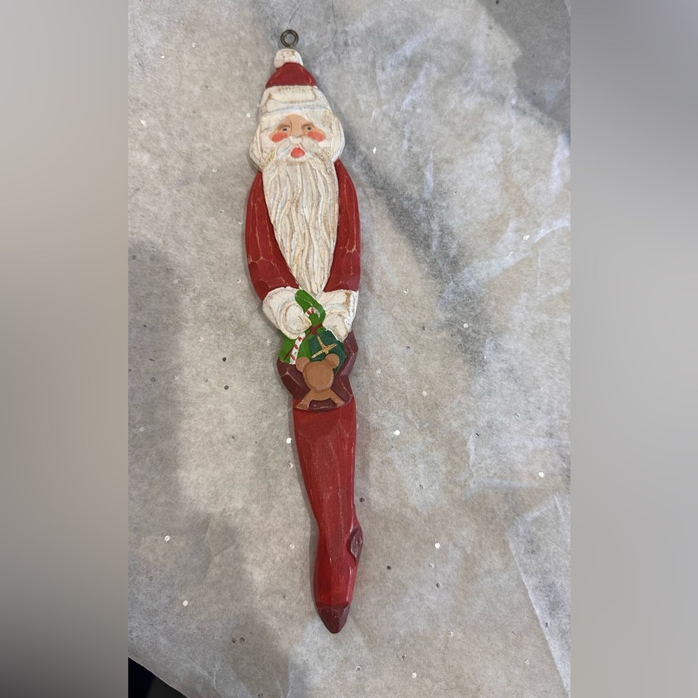 Vintage folk art Santa Claus carved wooden icicle Christmas ornament